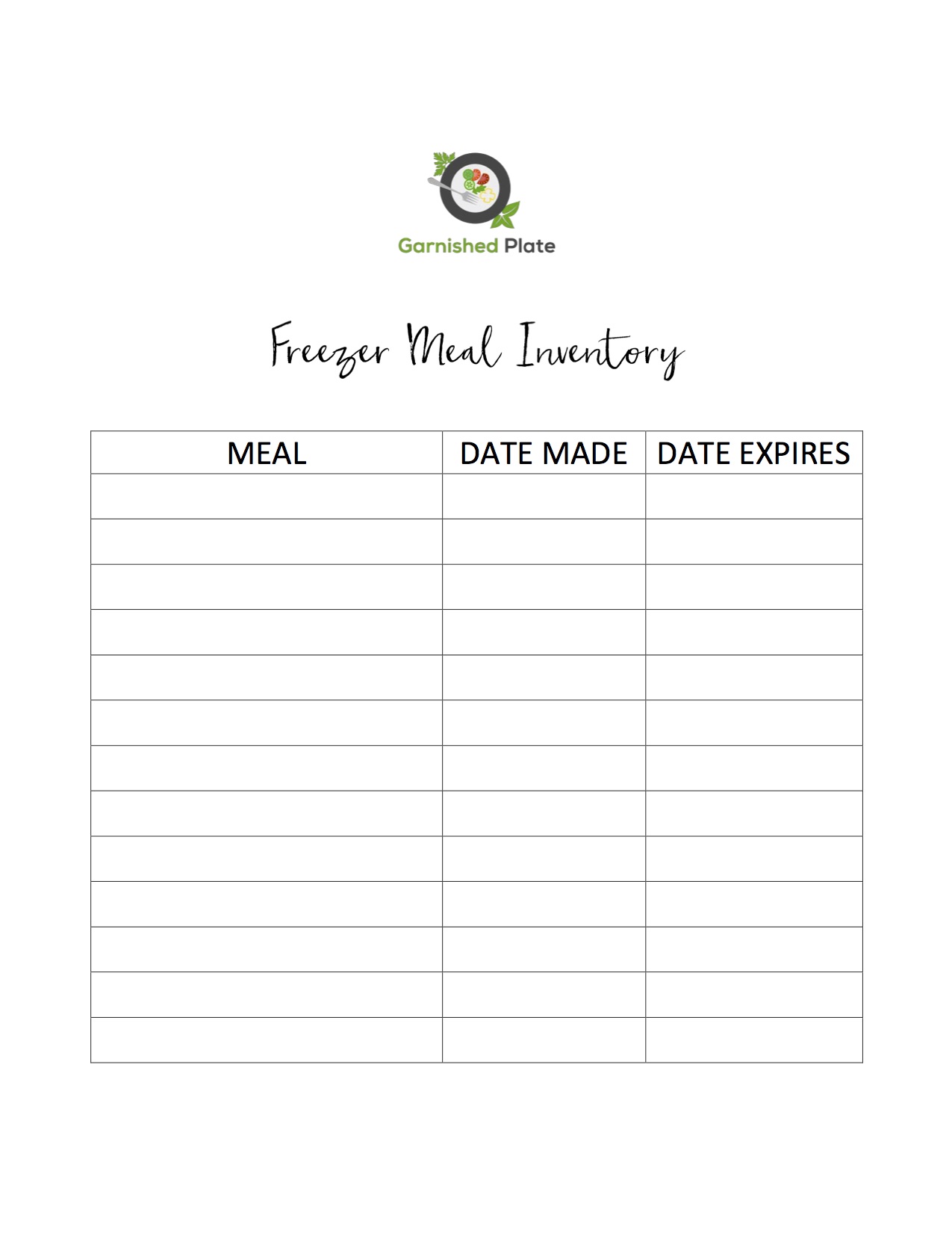 Freezer Meal Inventory Sheet