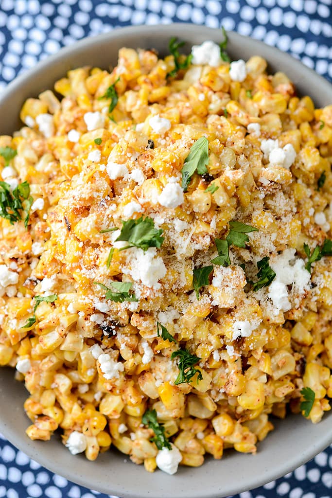 looking down into a bowl filled with Mexican Street Corn Salad