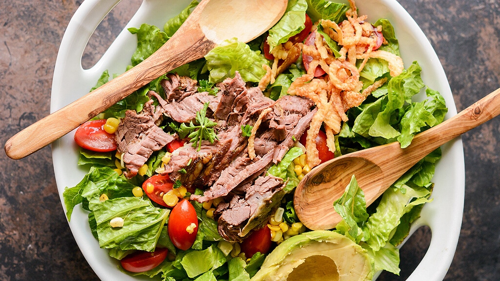 Slow Cooker Steak Salad With Cilantro Lime Dressing - Garnished Plate