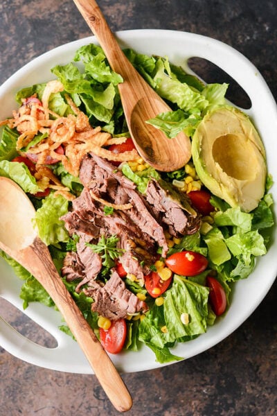 Slow Cooker Steak Salad with Cilantro Lime Dressing - Garnished Plate