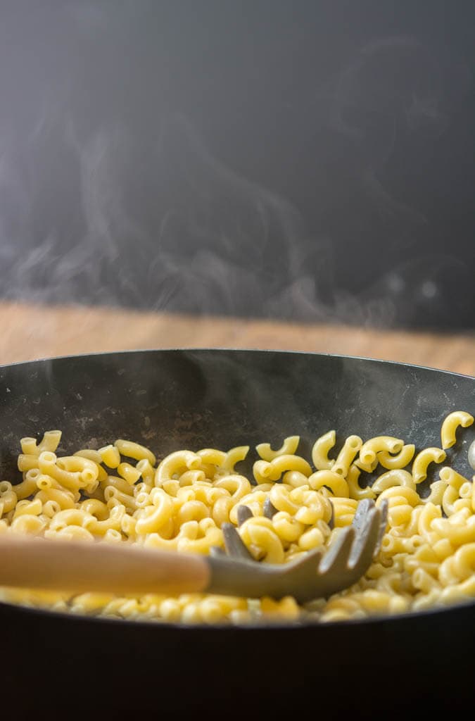 White Cheddar Beer Mac & Cheese noodles in a skillet