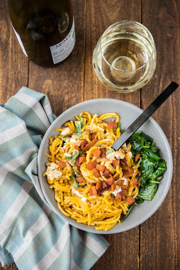 Butternut Squash "Pasta" with Kale and Goat Cheese - Garnished Plate