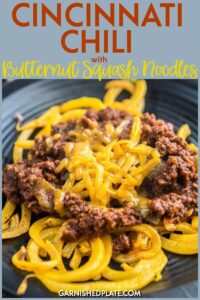 A homemade take on a beloved classic, Easy Skillet Cincinnati 'Skyline' Chili with Butternut Squash Noodles is packed with nutritious veggie noodles and is quick to make on the stovetop! #cincinnatichili #skylinechili #butternutsquash #butternutsquashnoodles #skillet