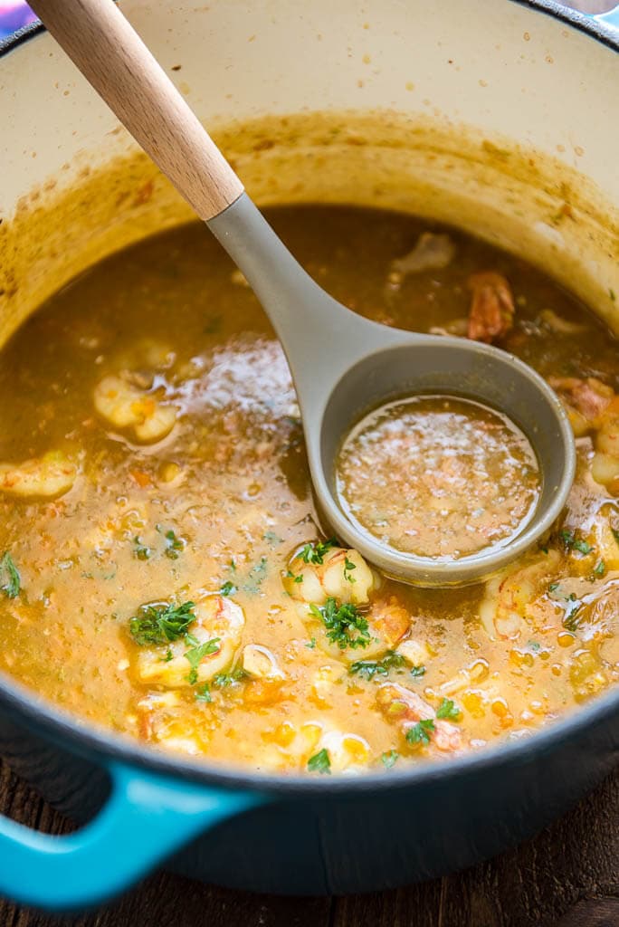 Delicious and simple to make dinners are the best! This Quick Chicken and Shrimp Gumbo comes together in about 30 minutes and is so tasty!