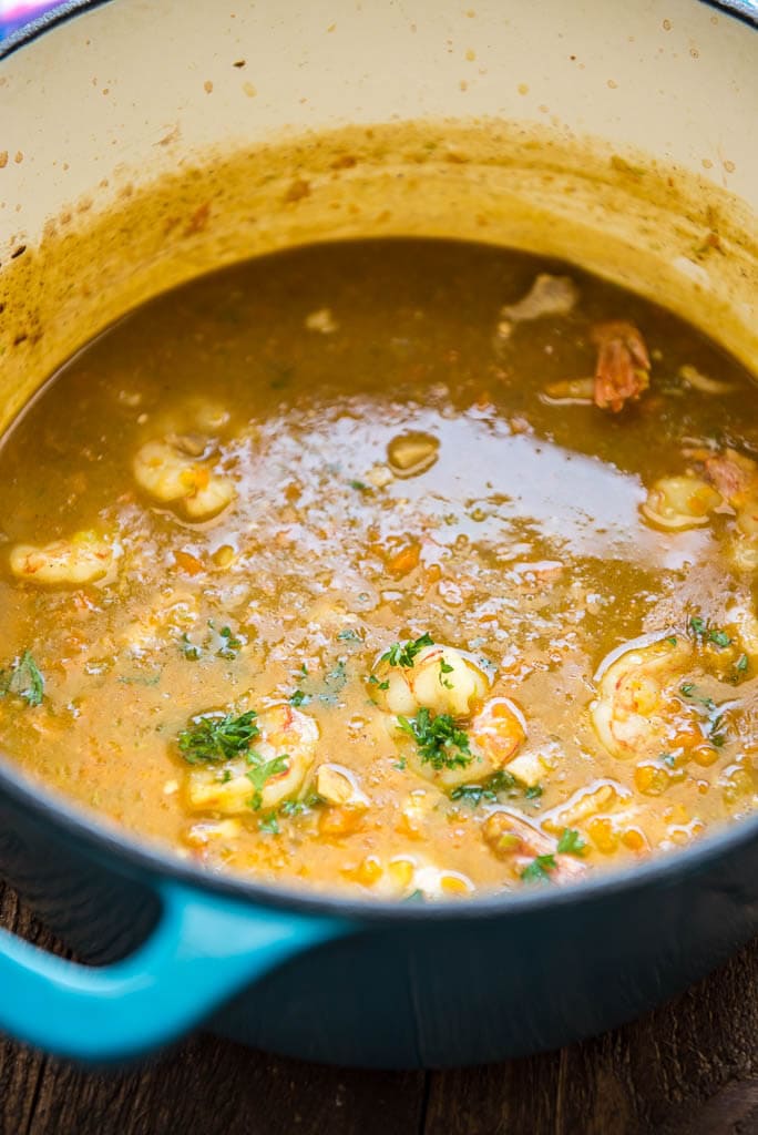 Delicious and simple to make dinners are the best! This Quick Chicken and Shrimp Gumbo comes together in about 30 minutes and is so tasty!