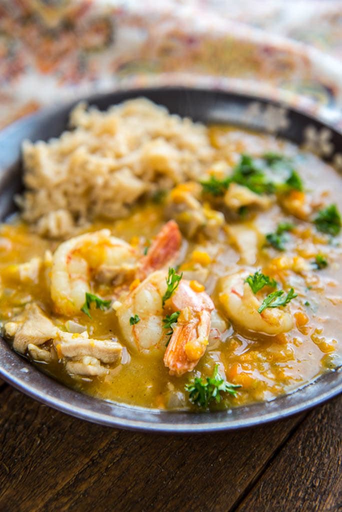 Delicious and simple to make dinners are the best! This Quick Chicken and Shrimp Gumbo comes together in about 30 minutes and is so tasty!