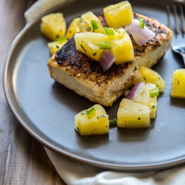 Pan Seared Halibut Recipe with Pineapple Salsa Garnished Plate