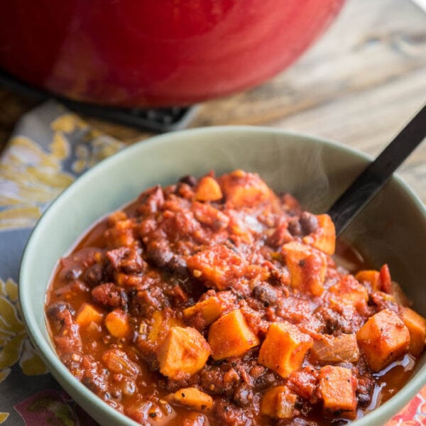 Chipotle Sweet Potato Chili with Black Beans - Garnished Plate