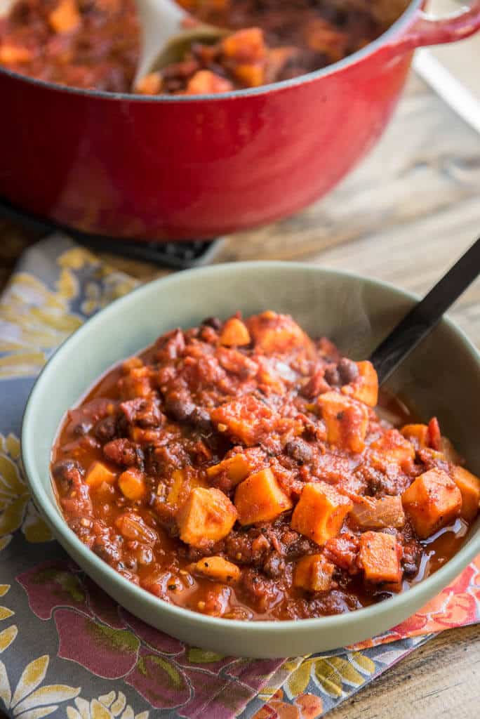 Chipotle Sweet Potato Chili with Black Beans - Garnished Plate