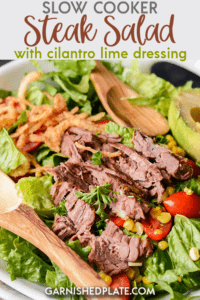 Making steak in a slow cooker may sound unusual, but once you try this delicious Slow Cooker Steak Salad with Cilantro Lime Dressing you'll be making it for dinner again and again! #slowcooker #steaksalad