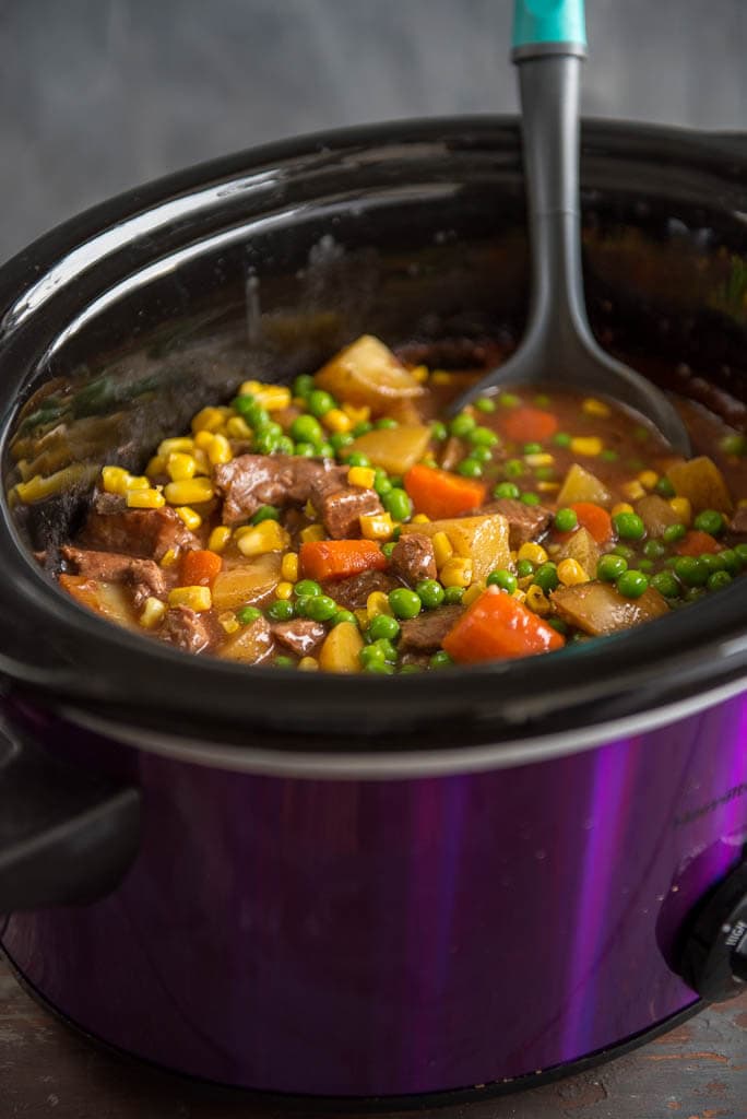 Slow Cooker Beef Stew in Purple and black slow cooker
