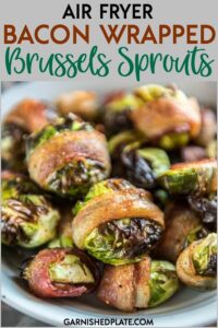 If you struggle to eat your veggies because you think they're boring or difficult to make, then it's time to try these Air Fryer Bacon Wrapped Brussels Sprouts! Easy to make, tender and bursting with flavor, you'll have everyone begging to eat their veggies! #airfryer #bacon #brusselssprouts 