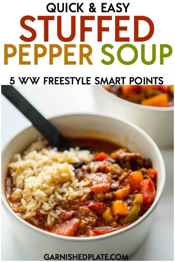 Love stuffed peppers but not a fan of the extra work? How about this quick and easy stuffed pepper soup instead? All the delicious flavors you love in about 20 minutes! #soup #dutchoven #souprecipes #stuffedpeppers #bellpeppers #quickdinner #easydinner