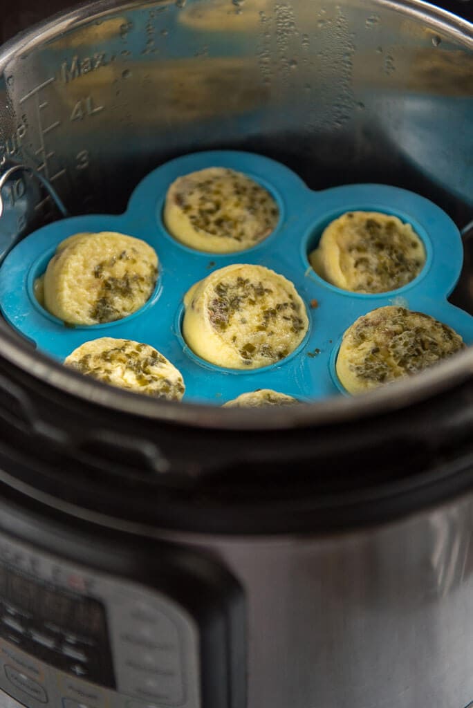 Instant Pot Sous Vide Egg Bites in blue egg mold in Instant Pot