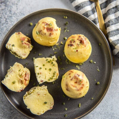 Instant Pot Sous Vide Egg Bites on gray plate with striped napkin