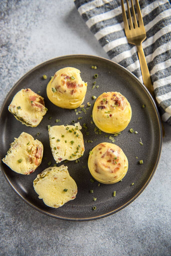 Instant Pot Sous Vide Egg Bites on gray plate with striped napkin