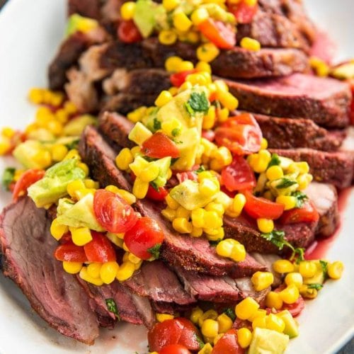 corn salsa on smoked tri tip