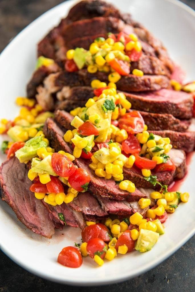 corn salsa on smoked tri tip