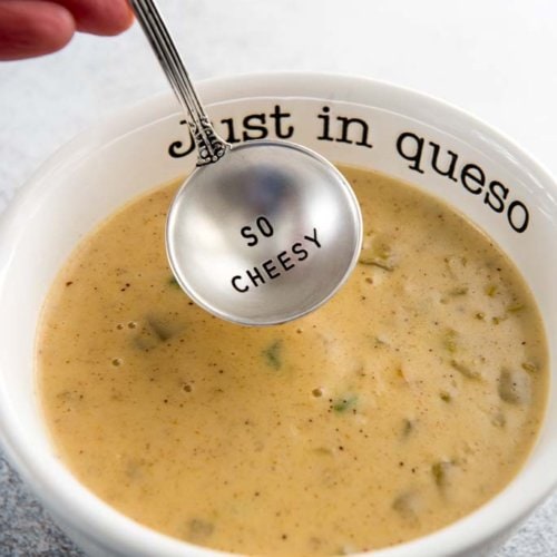 queso blanco dip in white bowl withs spoon that says so cheesy