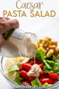 Everyone needs that one delicious side dish that they can be famous for and this can be yours! Get adventurous with this Caesar Pasta Salad and impress everyone with this fresh take on a classic favorite! #pastasalad #ceasar #pasta 