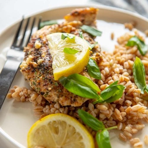 lemon basil chicken with farro on white plate topped with lemon slices and basil