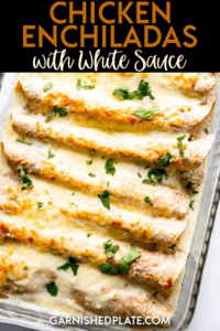These easy chicken enchiladas with white sauce use leftover shredded chicken and a simple homemade white sauce for a quick and easy weeknight dinner your family will love. #enchiladas #sourcreamsauce 
