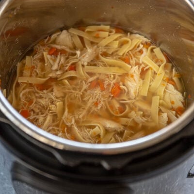 instant pot full of chicken noodle soup