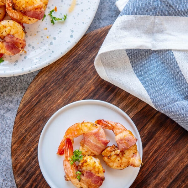 Air Fryer Bacon Wrapped Shrimp Garnished Plate