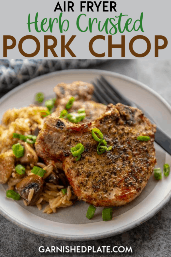 The easiest way to get juicy, flavorful pork chops without a ton of work is by using the air fryer! These Air Fryer Herb Crusted Pork Chops cook in minutes and are the easiest dinner you will make all week! #airfryer #porkchops #porkrecipes