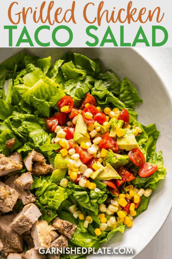Use your leftover grilled chicken thighs and leftover corn salsa on top of fresh crisp romaine lettuce for the easiest entree dinner salad you can make! #chickensalad #tacosalad