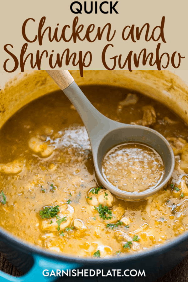Delicious and simple to make dinners are the best! This Quick Chicken and Shrimp Gumbo comes together in about 30 minutes and is so tasty! #quick #chicken #shrimp #gumbo