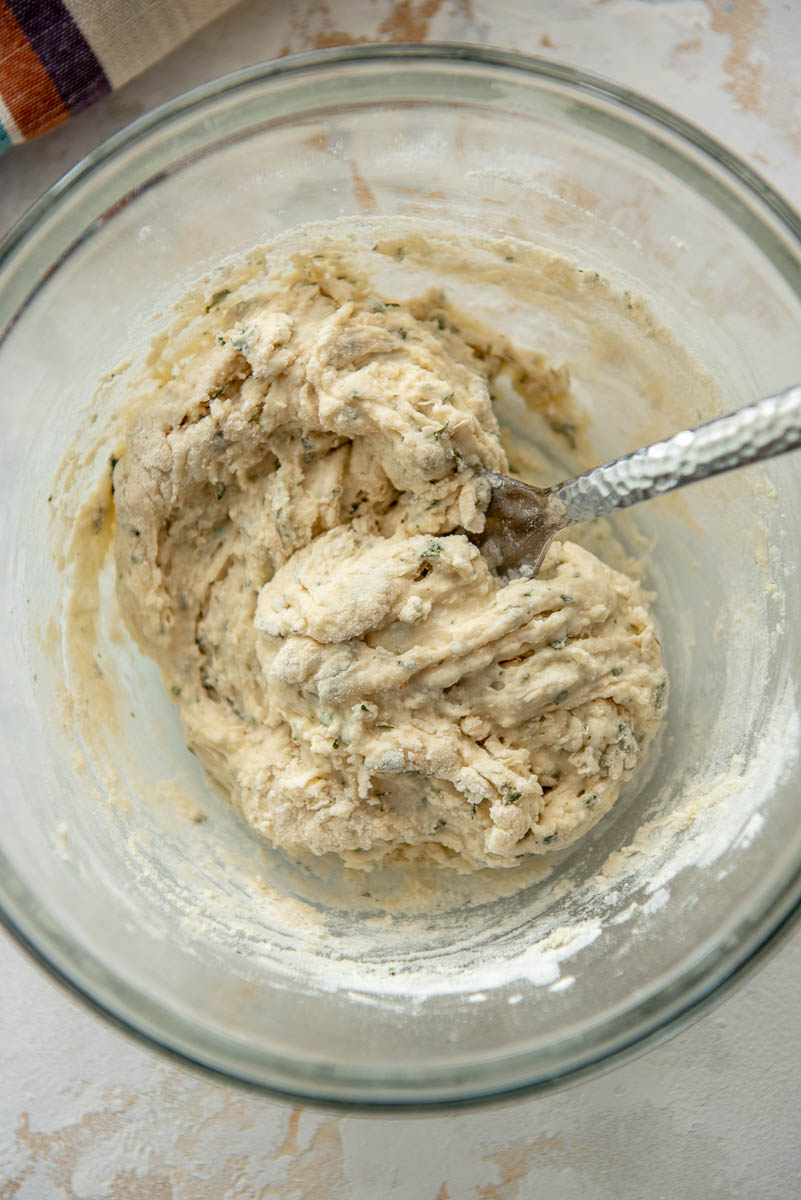 glass bowl with dumpling dough