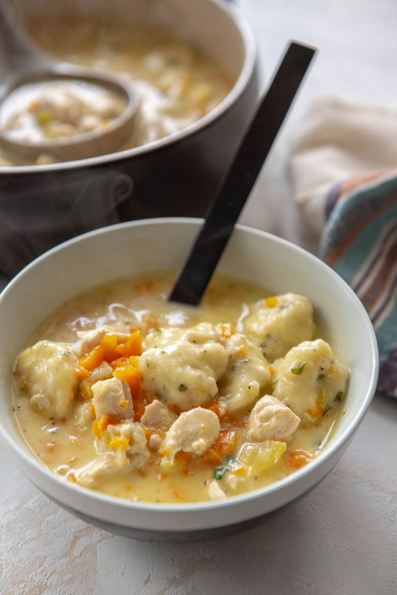 chicken and dumplings in bowl with spoon