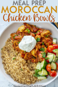 Grab your Instant Pot and in less than 1 hour you can have 4 meal prep Moroccan Chicken Bowls ready to be devoured this week! Delicious and packed with flavor, you'll never be sorry you took a few minutes to make a delicious meal that you could enjoy all week! #mealprep #instantpot #chickenrecipe