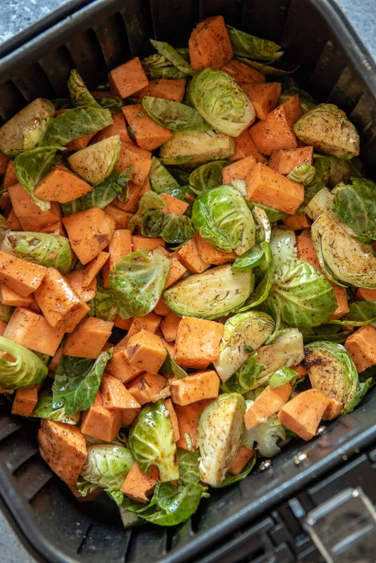 Air Fryer Sweet Potatoes and Brussels Sprouts Garnished Plate