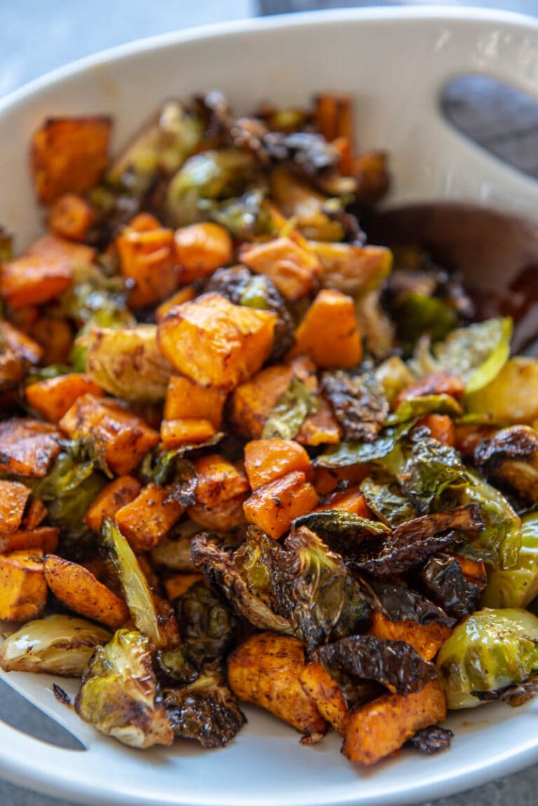 Air Fryer Sweet Potatoes and Brussels Sprouts Garnished Plate