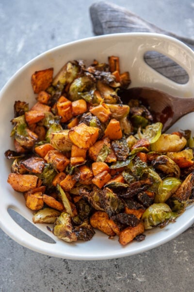 Air Fryer Sweet Potatoes and Brussels Sprouts - Garnished Plate