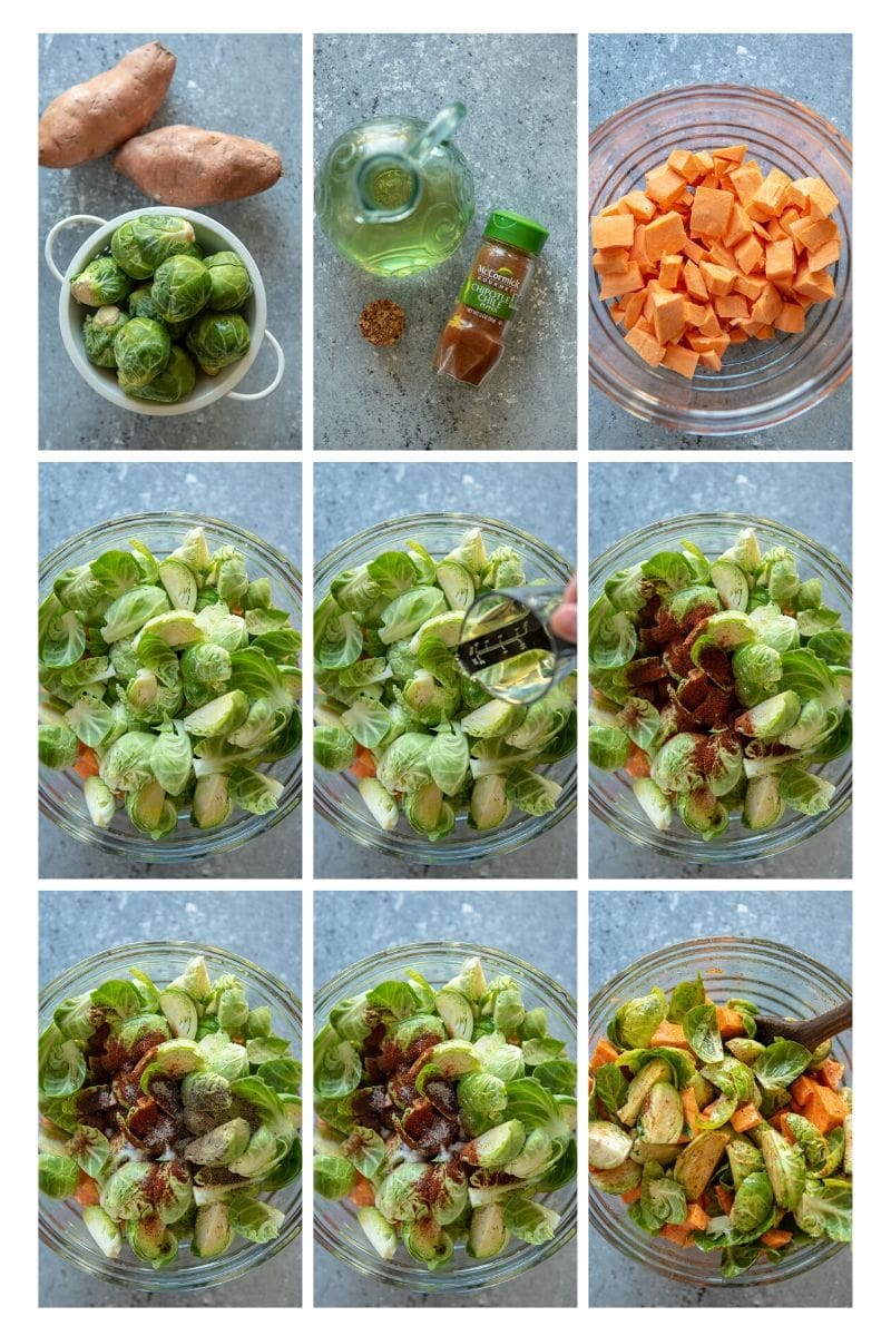 collage of steps for making air fryer sweet potatoes and Brussels sprouts
