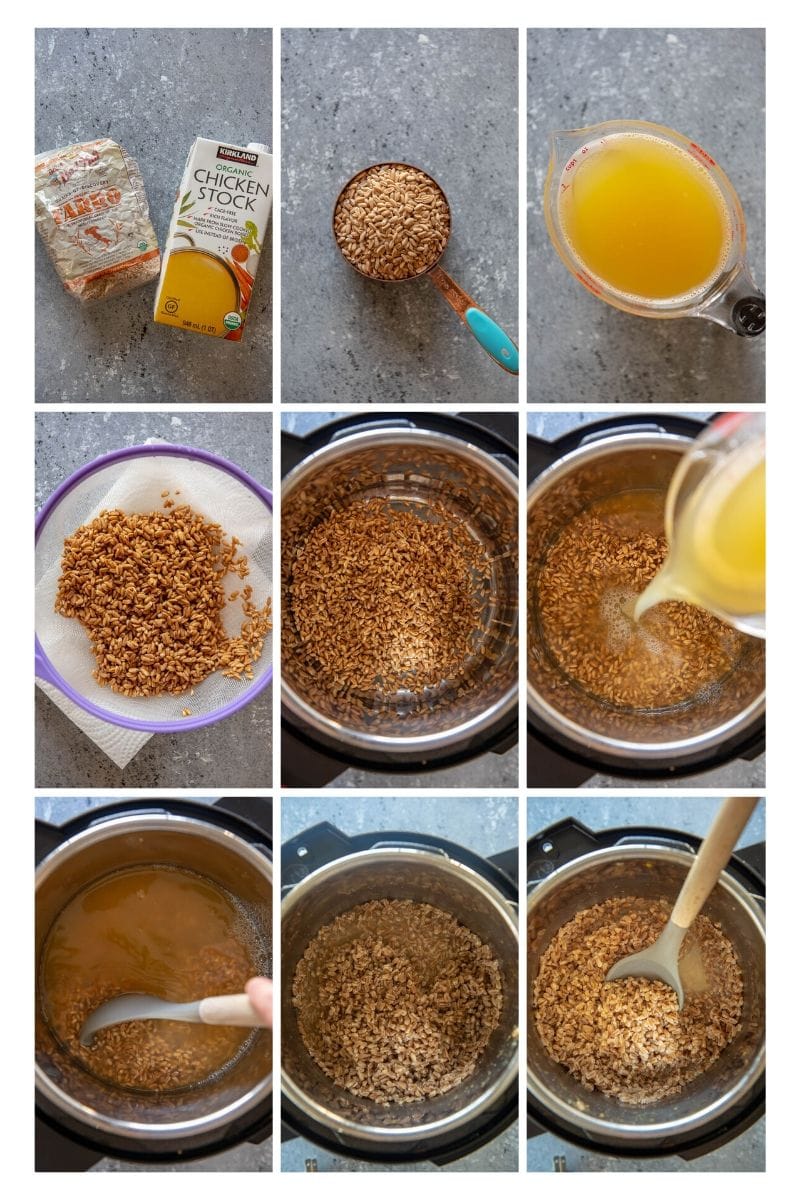 step by step collage of how to cook farro in the instant pot