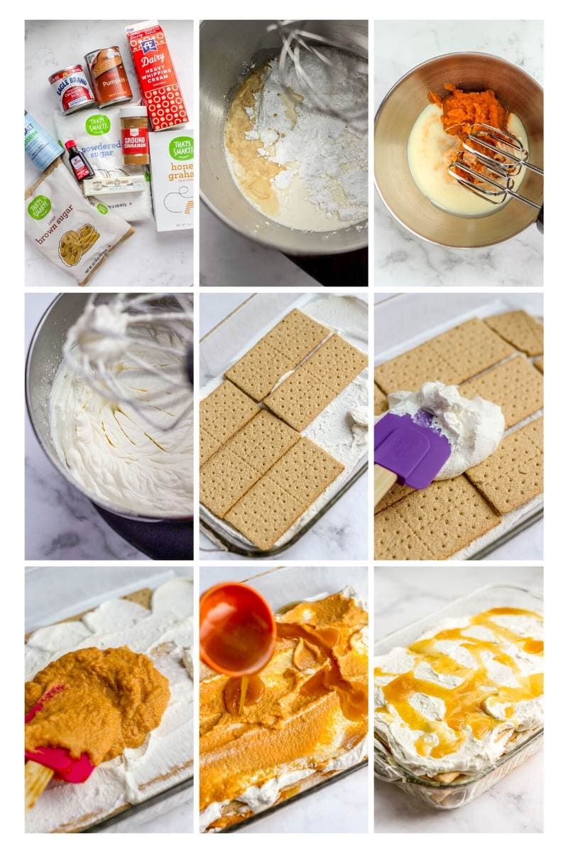 step by step collage of making pumpkin caramel icebox cake