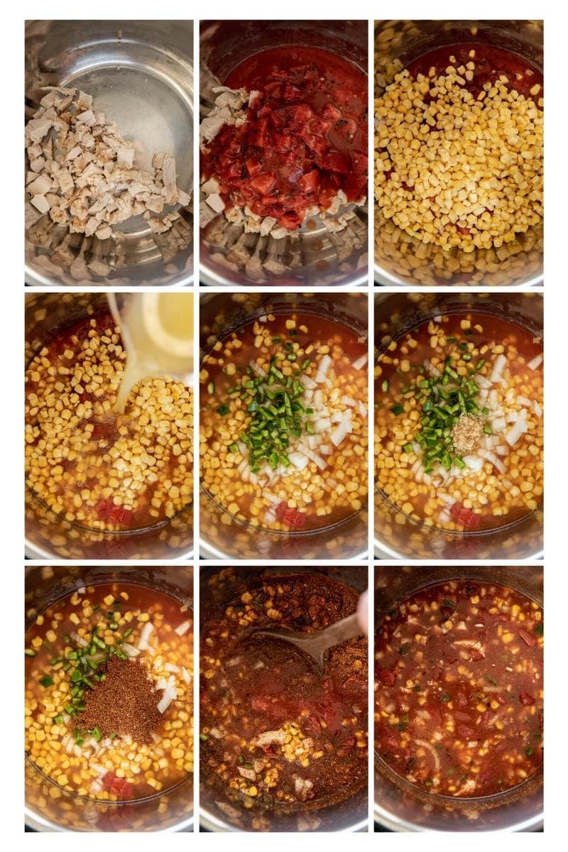step by step collage how to make turkey tortilla soup in an instant pot