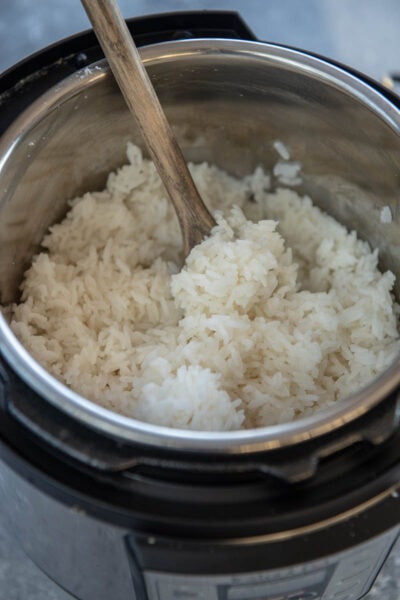cooked white rice in instant pot with spoon