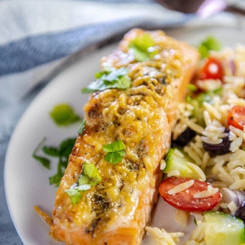 Air Fryer Parmesan Crusted Salmon - Garnished Plate