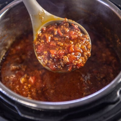 ladle full of beef chili in instant pot