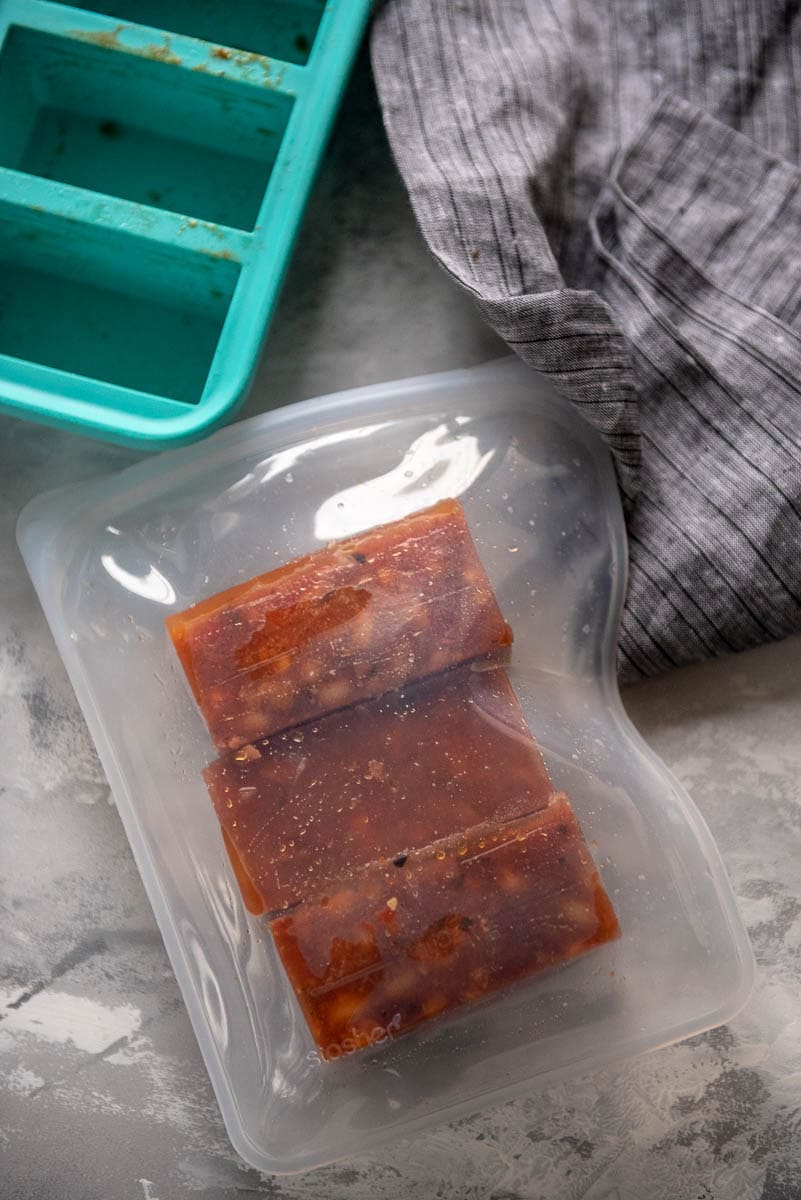 stashed bag with cubes of frozen soup
