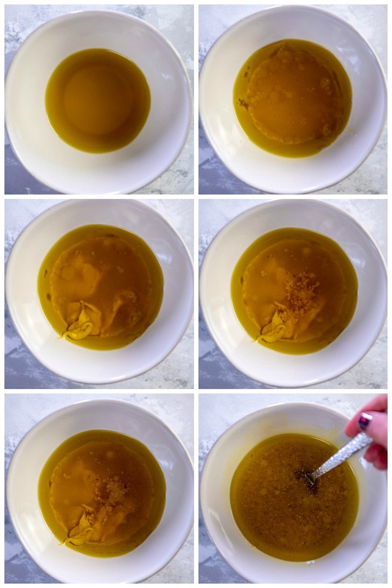 step by step adding ingredients for lemon vinaigrette to white bowl