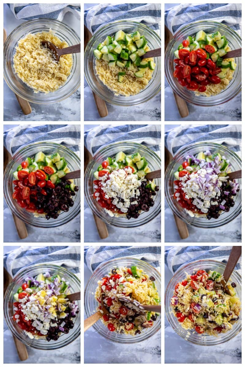 step by step adding ingredients for orzo salad to glass bowl