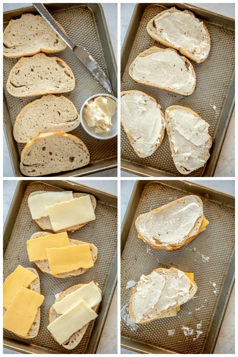 step by step prepping bread and cheese for grilled cheese