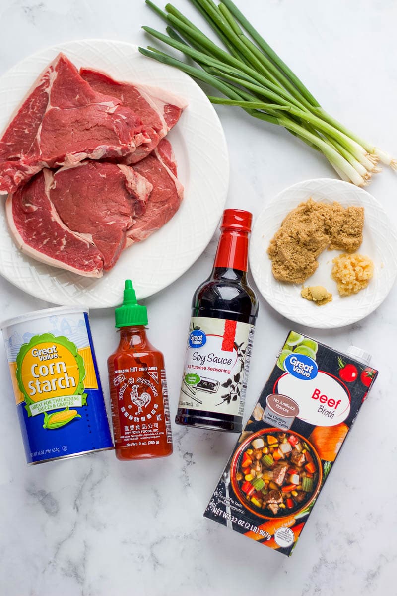 ingredients on white countertop for instant pot Mongolian beef
