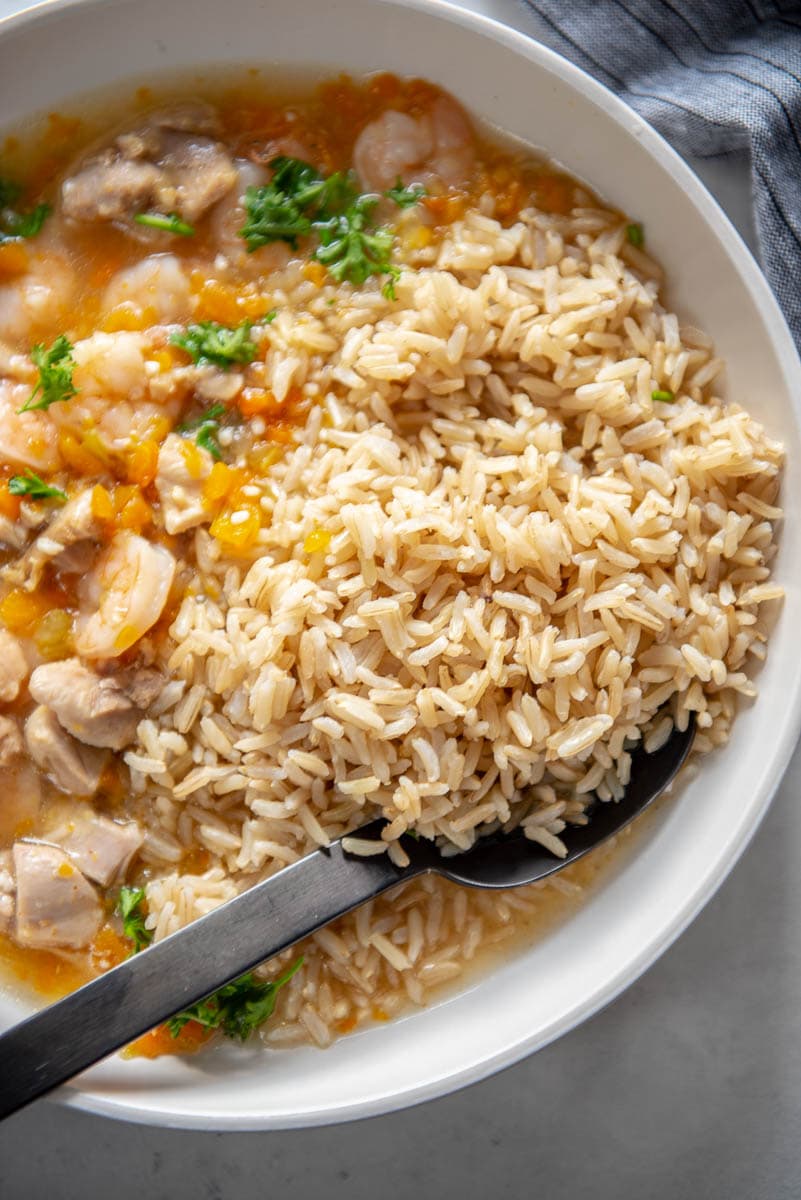 brown rice in a bowl of gumbo